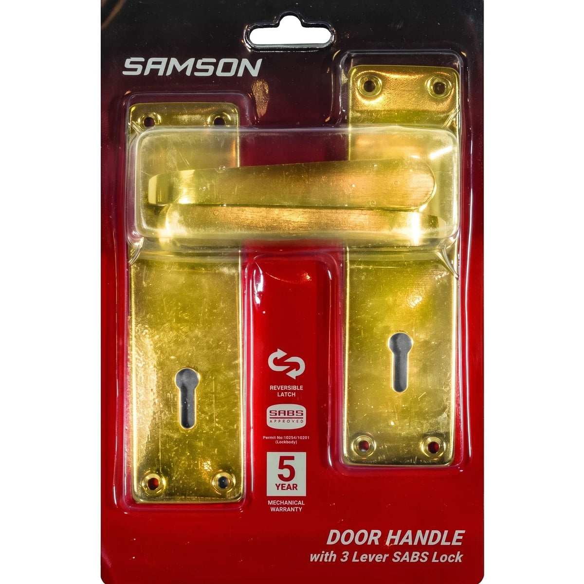 Samson brass door handle with a 3 lever SABS lock in clear retail packaging, front view.