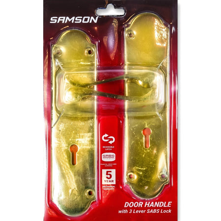 Samson brass door handle lockset with 3-lever SABS lock, visible in its red and black retail packaging.