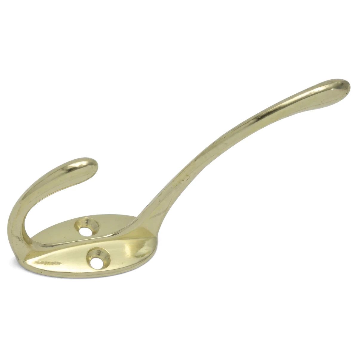 Brass Samson hat and coat hook with a double prong design and visible mounting holes for wall installation.