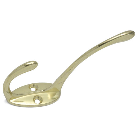 Brass Samson hat and coat hook with a double prong design and visible mounting holes for wall installation.
