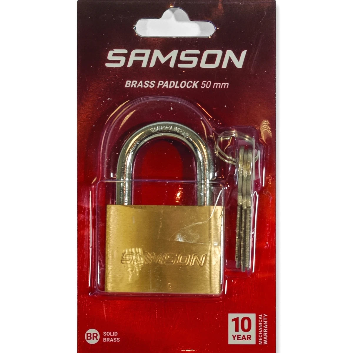 Samson Brass Padlock 50mm with keys in red blister packaging, featuring a shiny brass body and silver shackle.