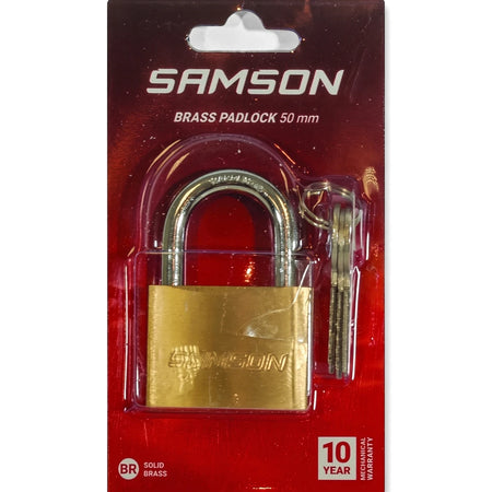 Samson Brass Padlock 50mm with keys in red blister packaging, featuring a shiny brass body and silver shackle.