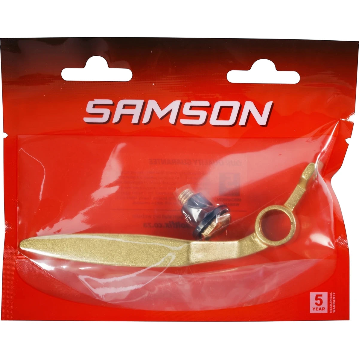 Samson brass standard right-hand locking window handle, packaged in clear plastic on a red card with logo and warranty.