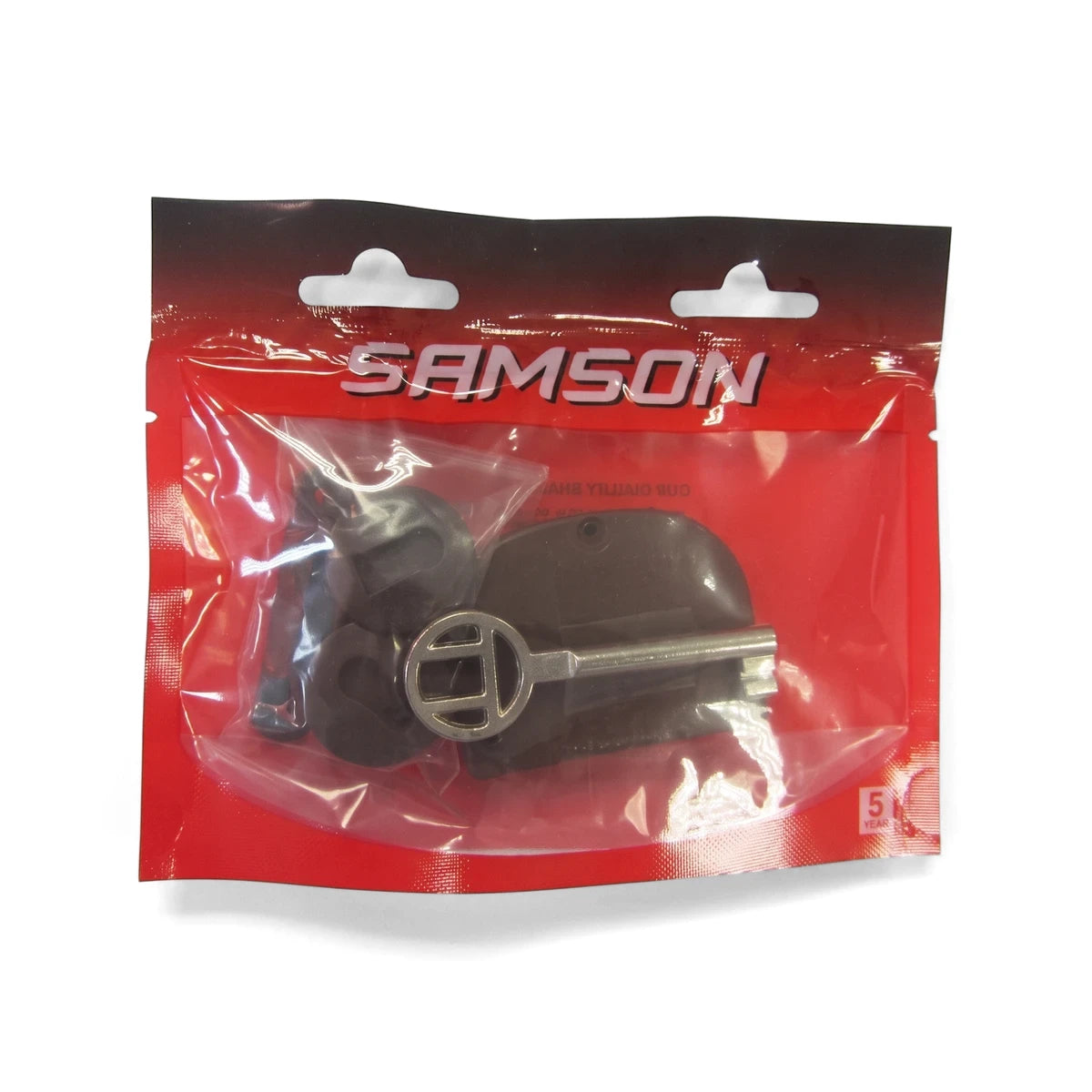 Samson brown plastic cupboard lock with a silver key in clear retail packaging, on a white background.