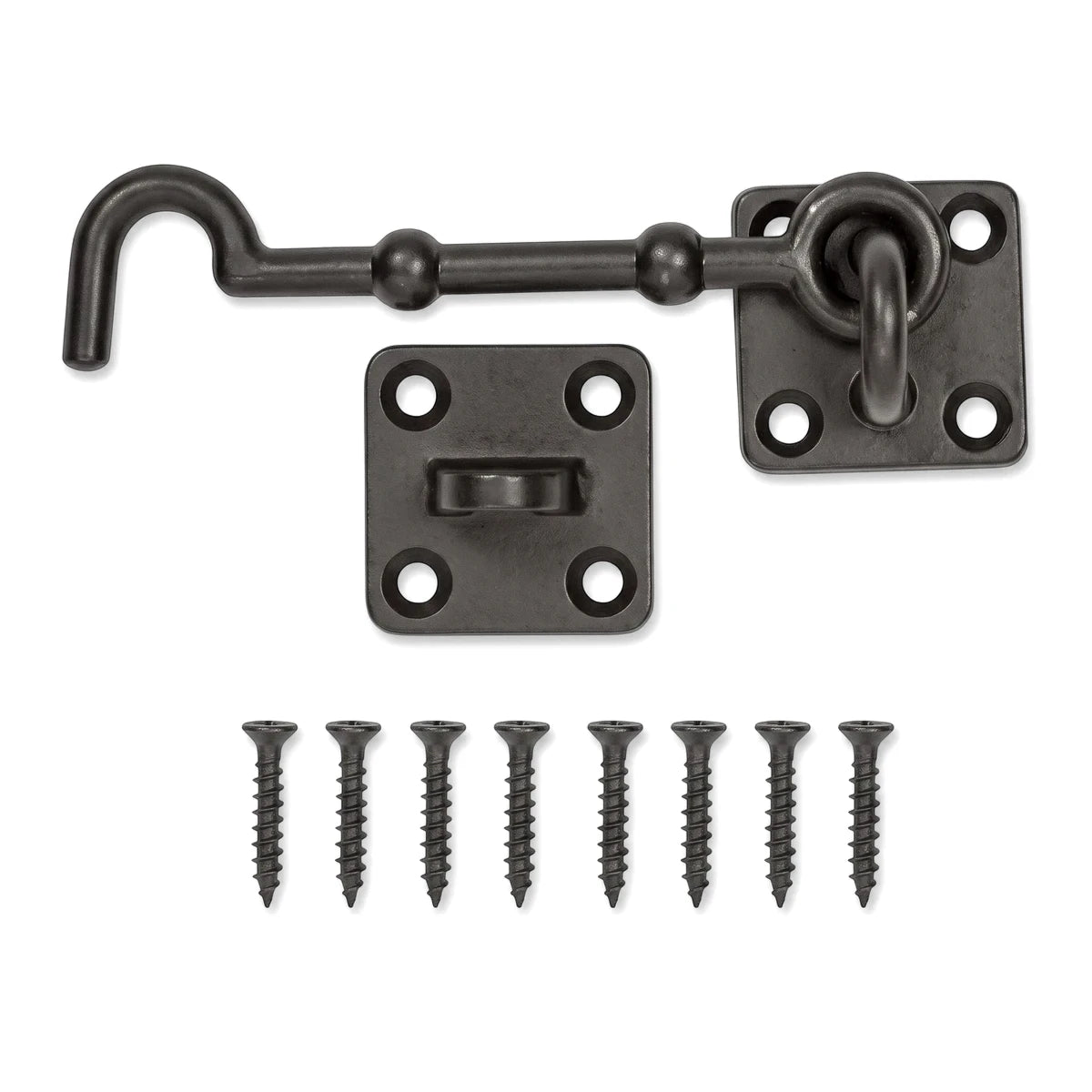 Samson Cabin Hook 100mm Black Locks & Latches, with accompanying screws, photographed from a top-down view.