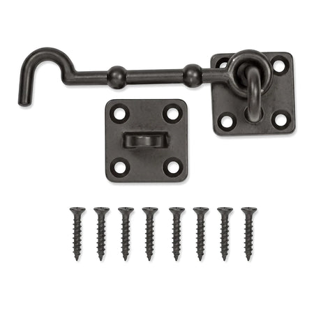 Samson Cabin Hook 100mm Black Locks & Latches, with accompanying screws, photographed from a top-down view.