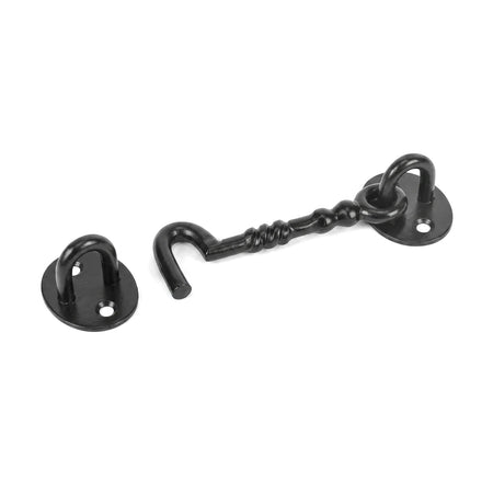 Black 100mm Samson cabin hook and eye latch, made of durable metal, shown in a slightly elevated view.