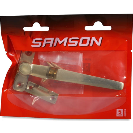 Samson Casement Wedge Fastener in brass, packaged in a red and clear plastic bag with visible screws.