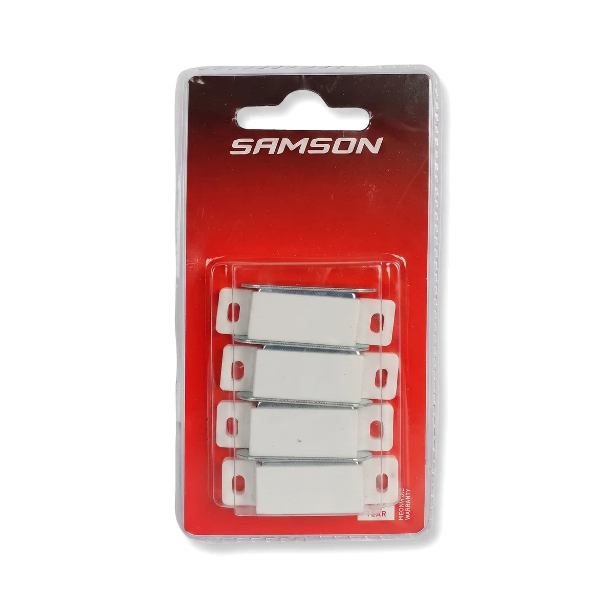 Samson Catch Magnetic white (4) locks and latches in clear retail packaging with a red backing on a white background, a set