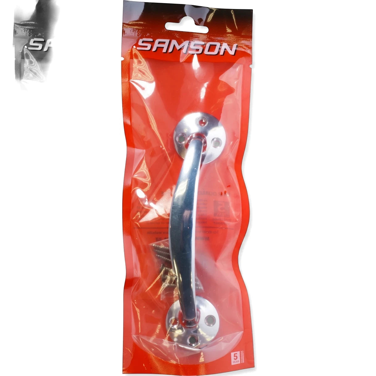 Samson chrome-plated pull handle for locks and latches, packaged in clear plastic with screws.