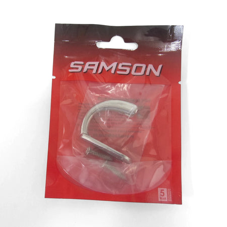 Samson single chrome-plated coat hook with screws, packaged in a red and clear blister pack, viewed on a white background.