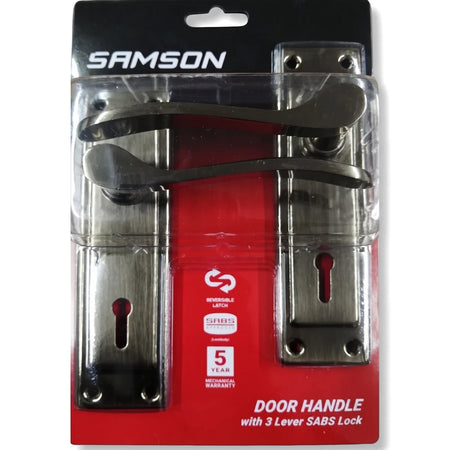 Samson Cortana antique bronze door handle lockset with 3-lever SABS lock, packaged for retail sale, showing reversible latch
