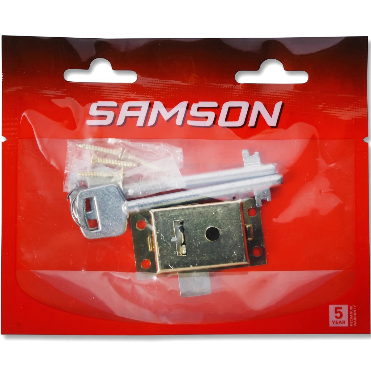 Samson 51mm cupboard lock with two keys and screws, sealed in a red and clear retail blister pack, shown from the front.