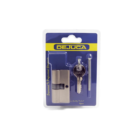 Samson Cylinder Euro 60mm Cp Econo lock with key and screw, presented in its clear and blue branded packaging.