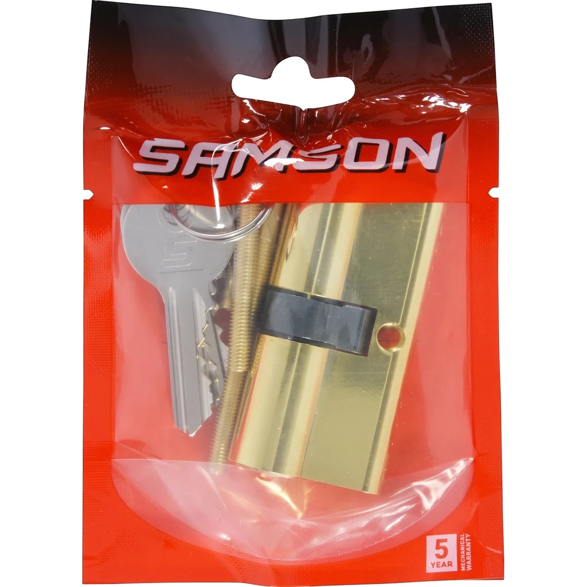 Samson Cylinder Euro 65mm Bp Locks & Latches in red and clear packaging with a brass cylinder and two silver keys.