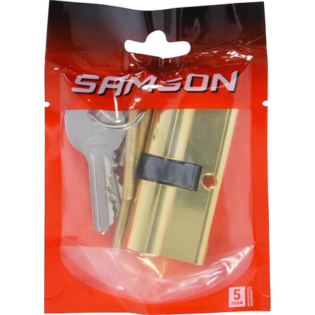 Samson Cylinder Euro 65mm Bp Locks & Latches in red and clear packaging with a brass cylinder and two silver keys.