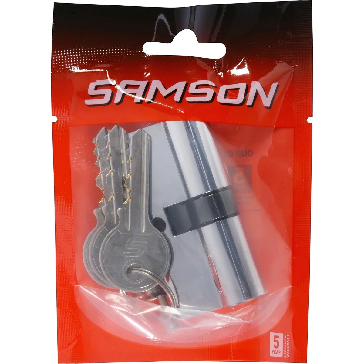 Samson Cylinder Euro 65mm Cp Locks & Latches, displayed in red and clear plastic packaging with multiple silver keys and a