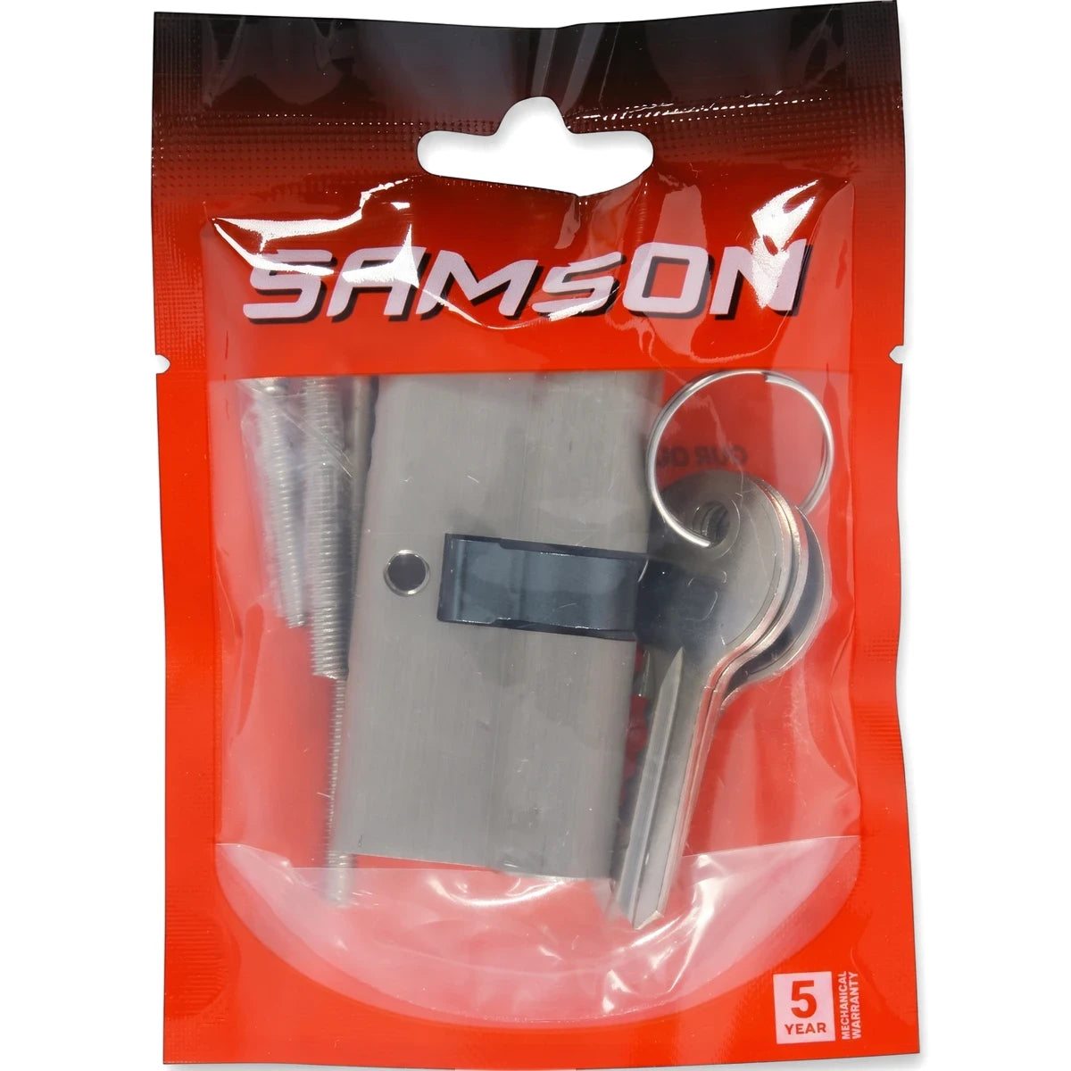 Samson Euro 65mm cylinder sn lock and latches in red and clear plastic retail packaging, showing the silver lock and keys.