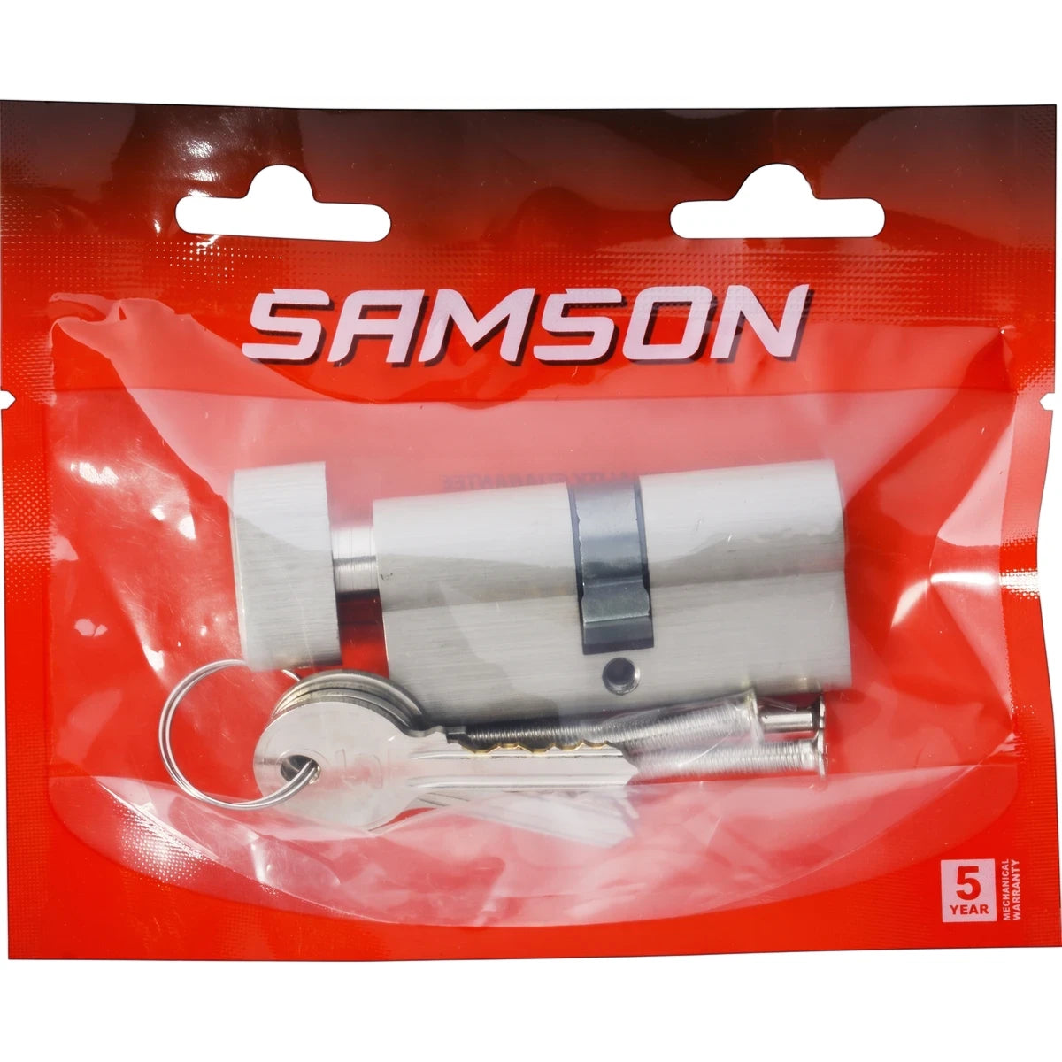 Samson 65mm cylinder knob lock set in clear red packaging, including a silver lock, two keys on a ring, and screws.