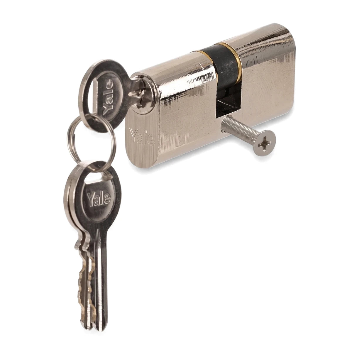 Silver Samson cylinder oval lock with two Yale keys inserted into the mechanism, shown with a partially visible screw.