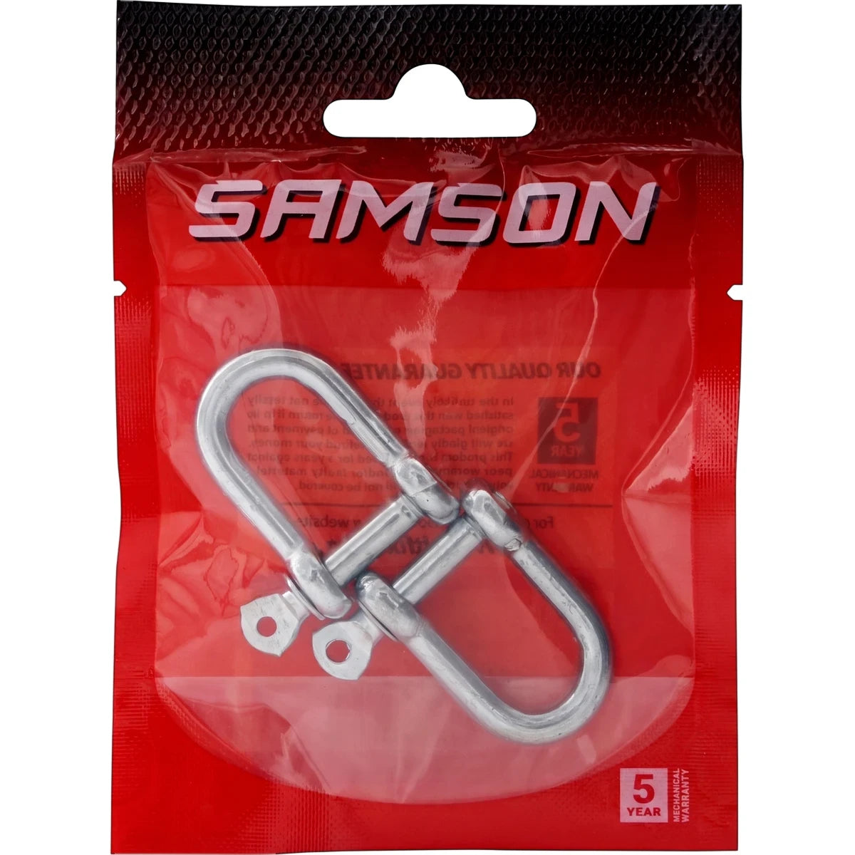 Two M6 D shackles in silver, packaged in a transparent red bag with 'SAMSON' branding, shown from a front view.