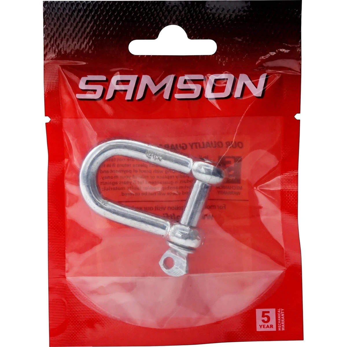 Silver D Shackle M8 Padlock by Samson in transparent red retail packaging, displaying branding and warranty.