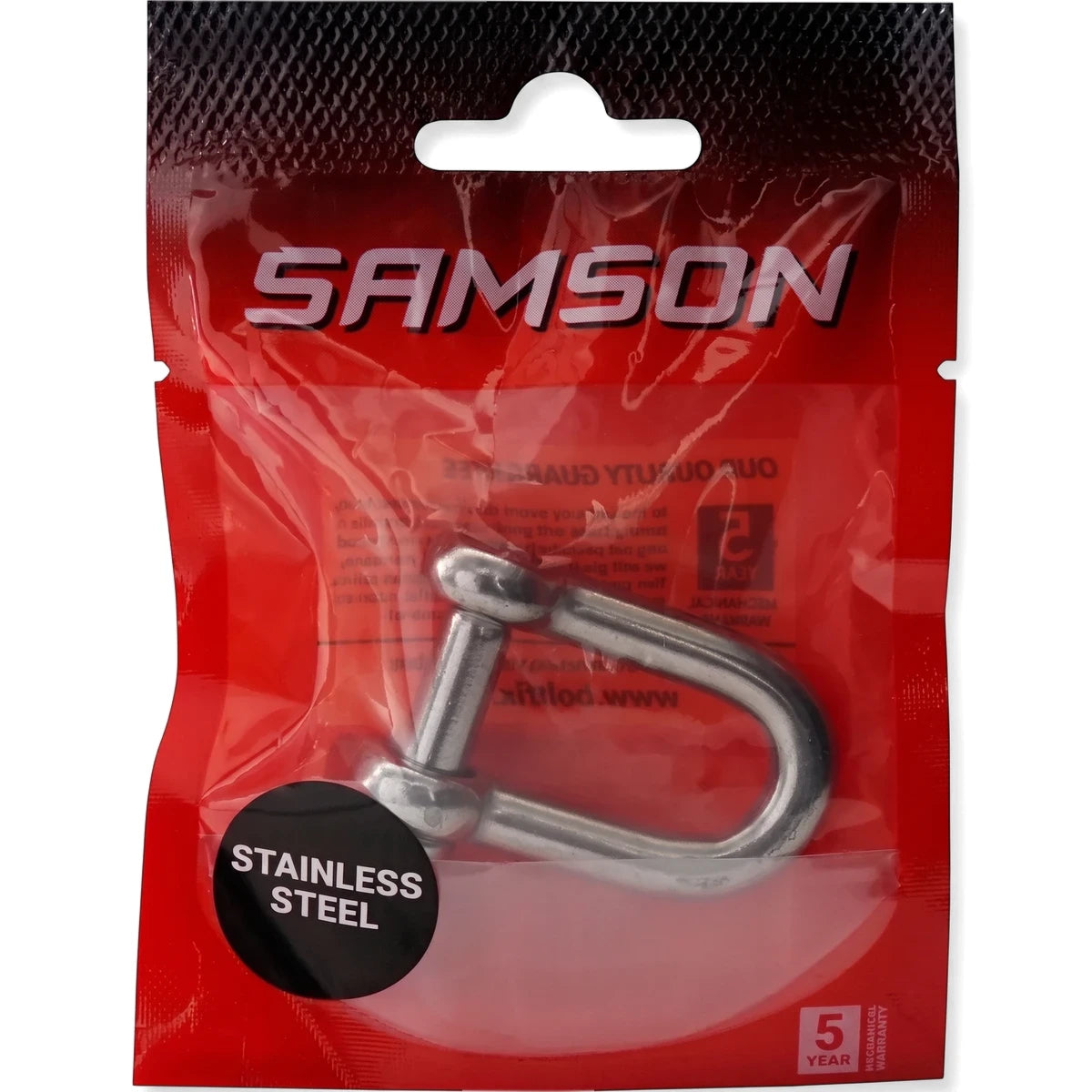Stainless steel D Shackle M8- Ss 304 Padlock by Samson, sealed in a vibrant red and clear plastic retail package.