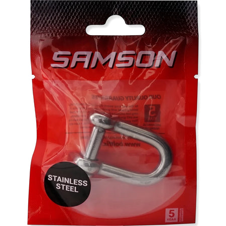 Stainless steel D Shackle M8- Ss 304 Padlock by Samson, sealed in a vibrant red and clear plastic retail package.