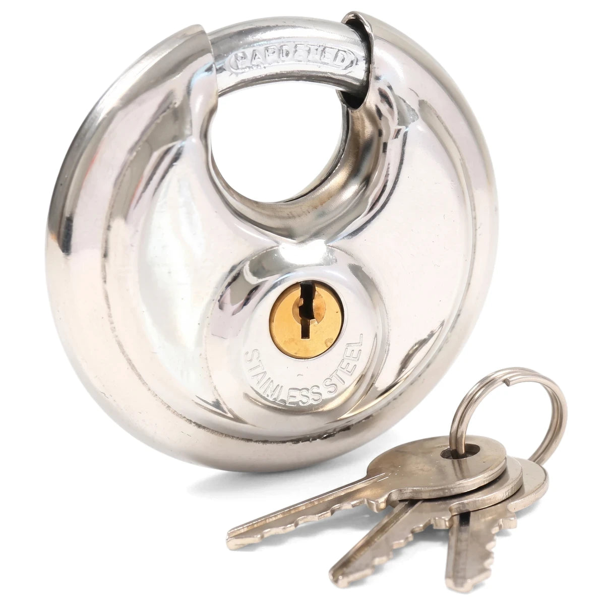 Polished stainless steel Samson Discus 60mm padlock with a brass keyhole, shown with three silver keys.