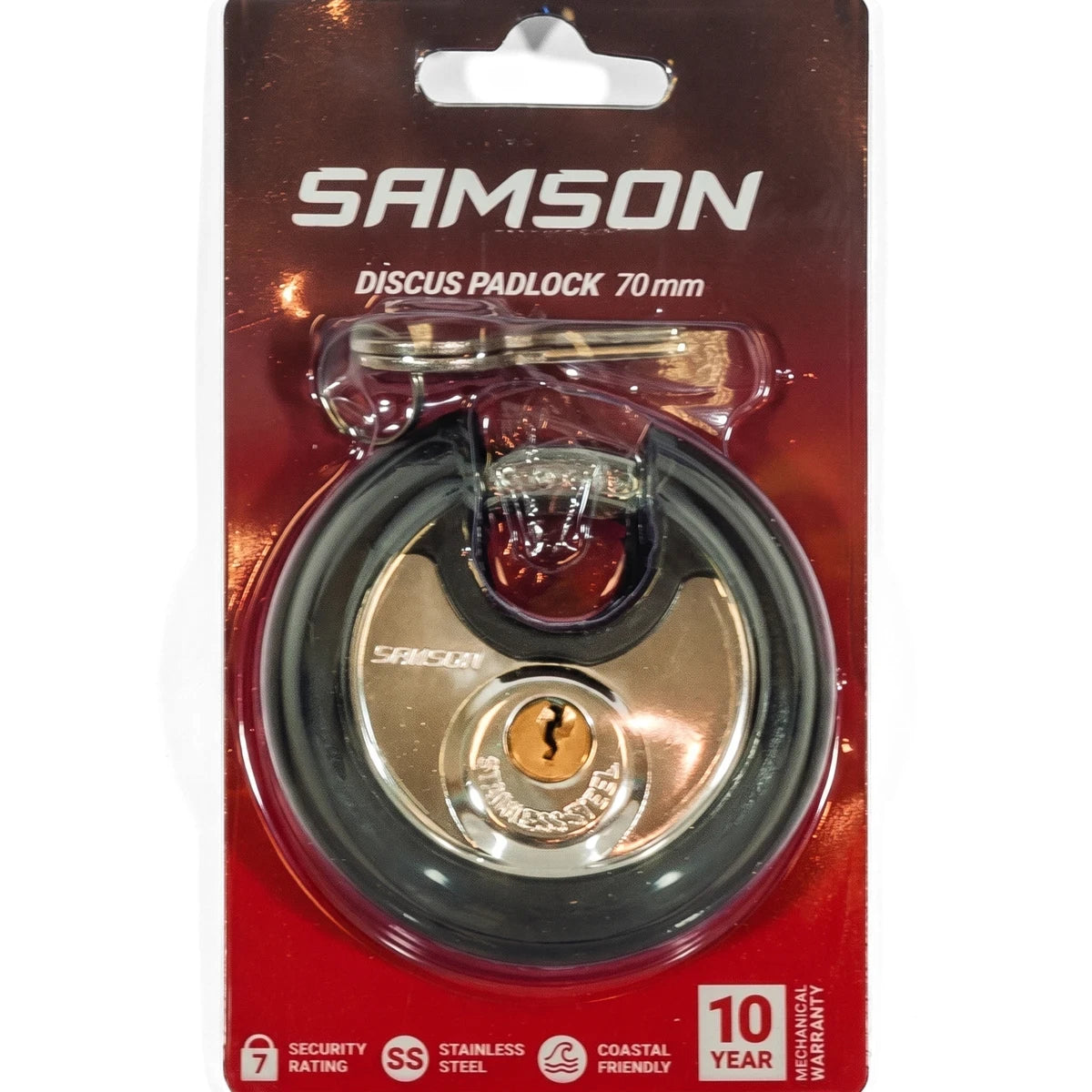 Samson Discus 70mm padlock in retail packaging, featuring a stainless steel body and two keys, ideal for security.