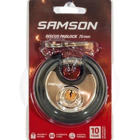 Samson Discus Padlock 70mm with black bumper in retail blister packaging, featuring stainless steel construction and a