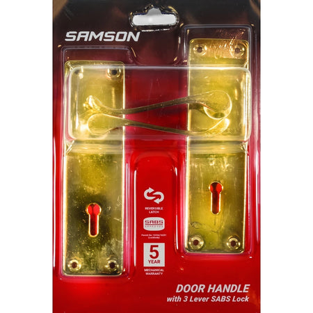 Samson door handle with 3 lever SABS lock in gold finish, presented in clear retail packaging.