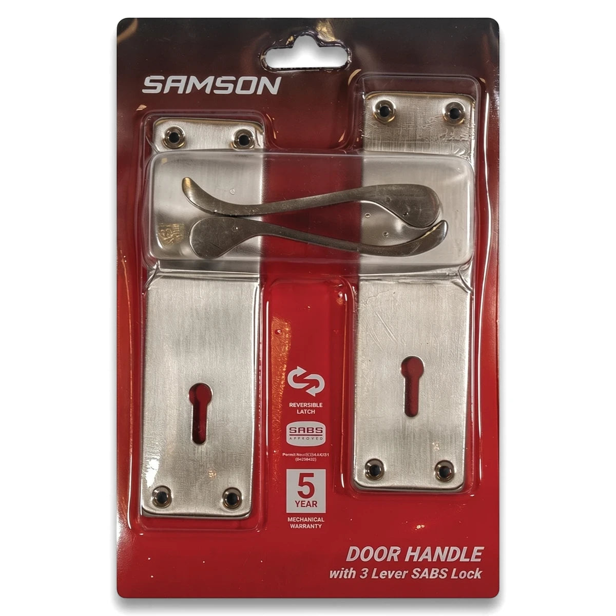 Samson door handle set with 3 lever SABS lock, featuring silver escutcheon plates and curved handles in sealed packaging.