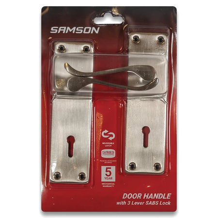 Samson door handle set with 3 lever SABS lock, featuring silver escutcheon plates and curved handles in sealed packaging.