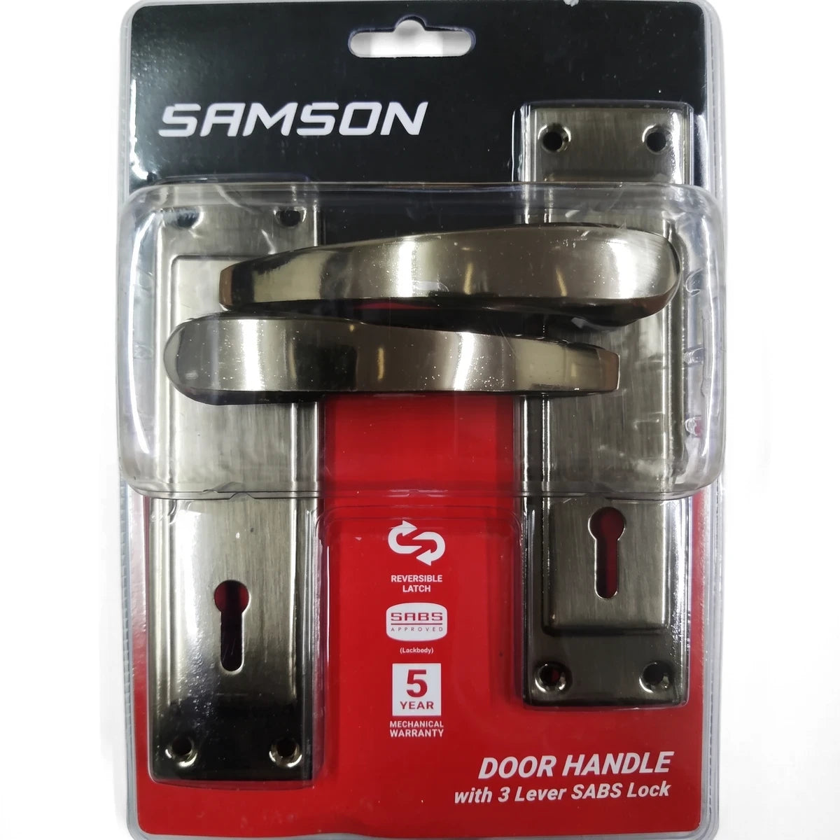 Samson door handle lockset with 3-lever SABS lock in an antique bronze finish, visible in its clear and red retail packaging.