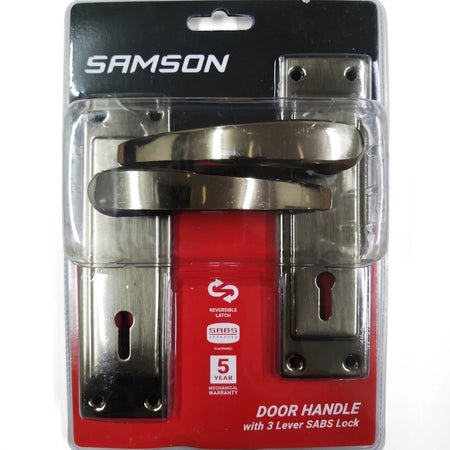 Samson door handle lockset with 3-lever SABS lock in an antique bronze finish, visible in its clear and red retail packaging.
