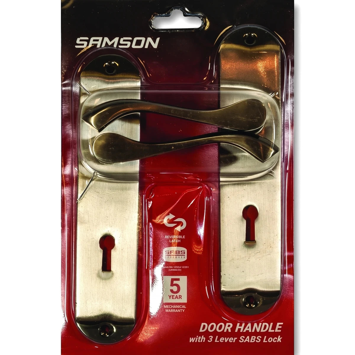 Samson door handle lockset with antique brass and satin nickel finishes, packaged in clear blister packaging with a red