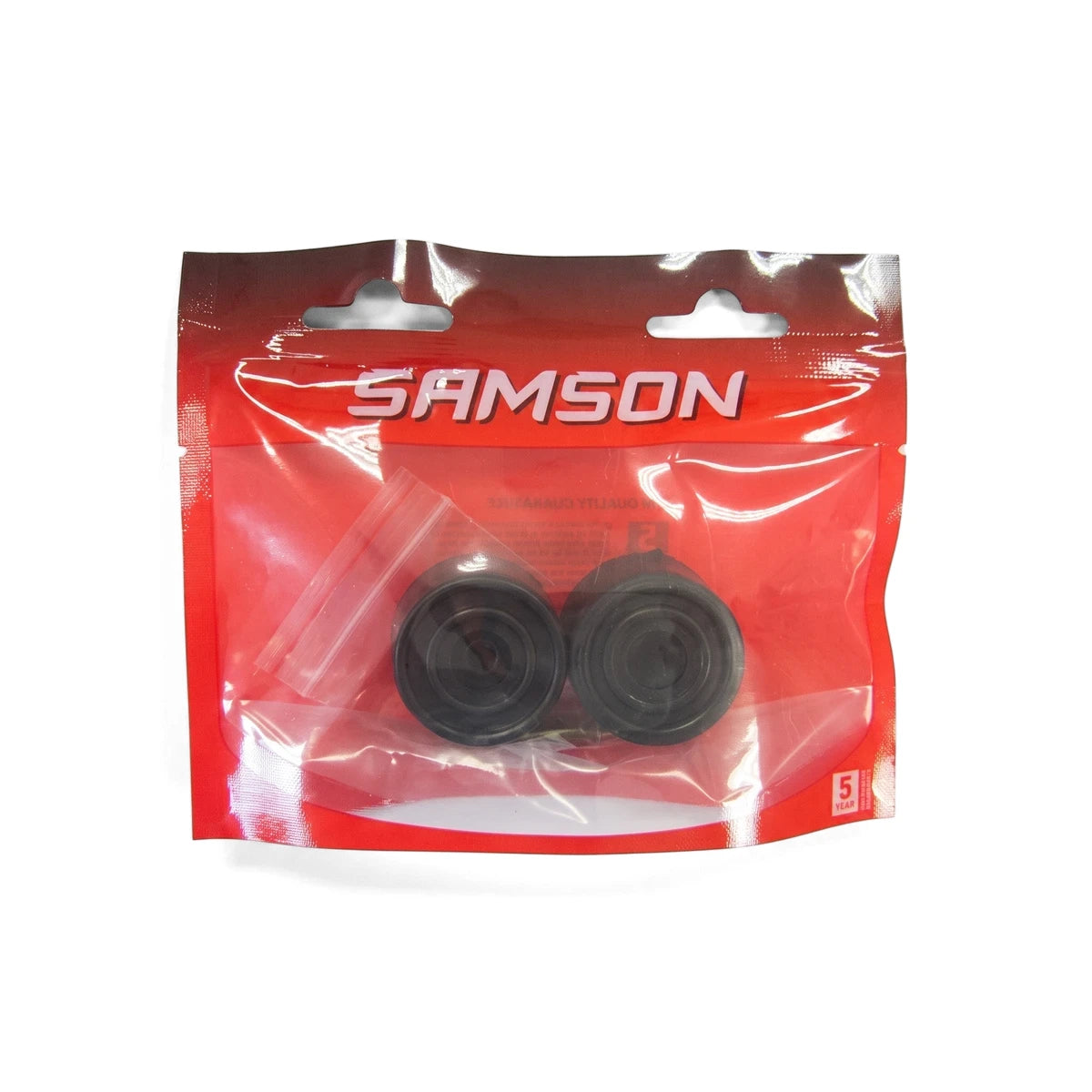 Samson brand packaging containing two black rubber round door stoppers, clearly visible through the clear plastic.