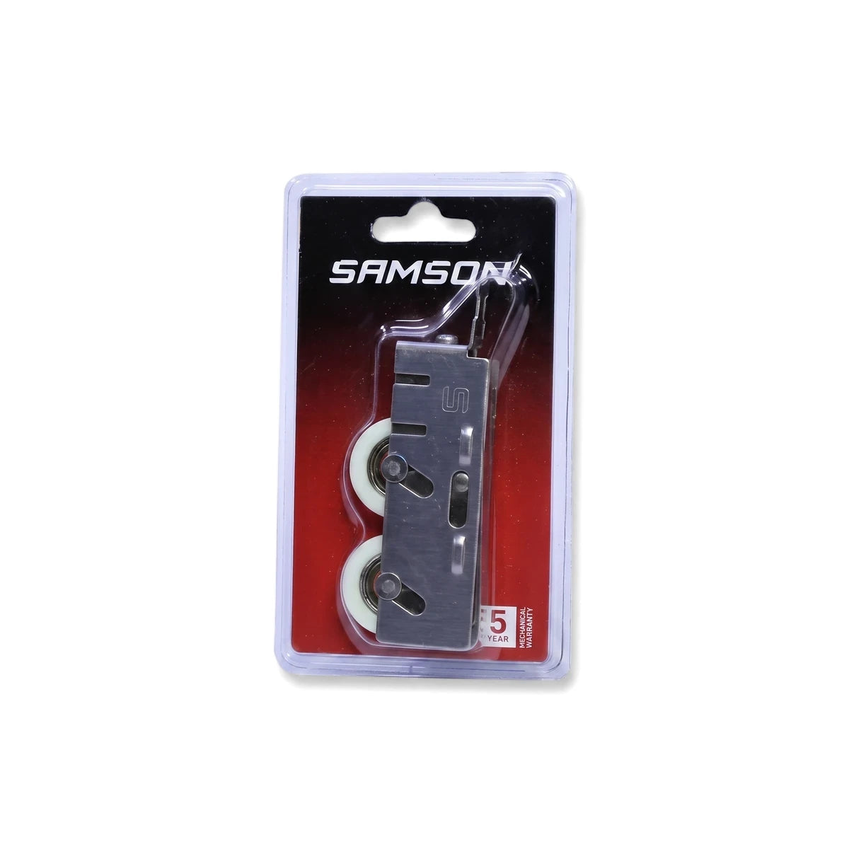 Samson Double Door Roller 15mm stainless steel with white wheels in clear blister packaging for sliding doors.