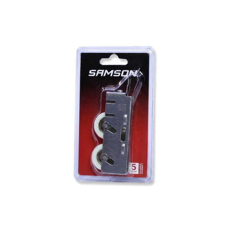 Samson Double Door Roller 15mm stainless steel with white wheels in clear blister packaging for sliding doors.
