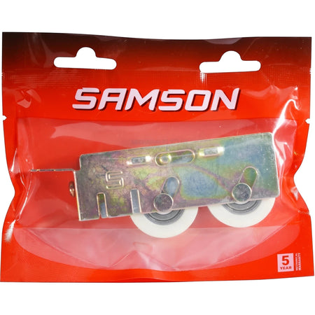 Samson Double Door Roller 15mm Yzp, a metal component with white wheels, packaged in clear plastic with red branding.