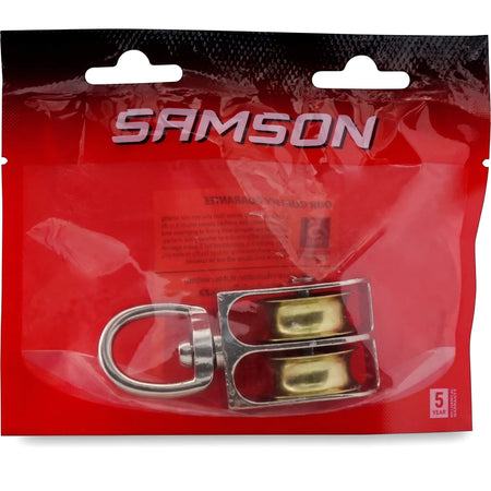 Samson brand double pulley swivel with silver hardware and brass wheels, packaged in red plastic. Ideal for locks and