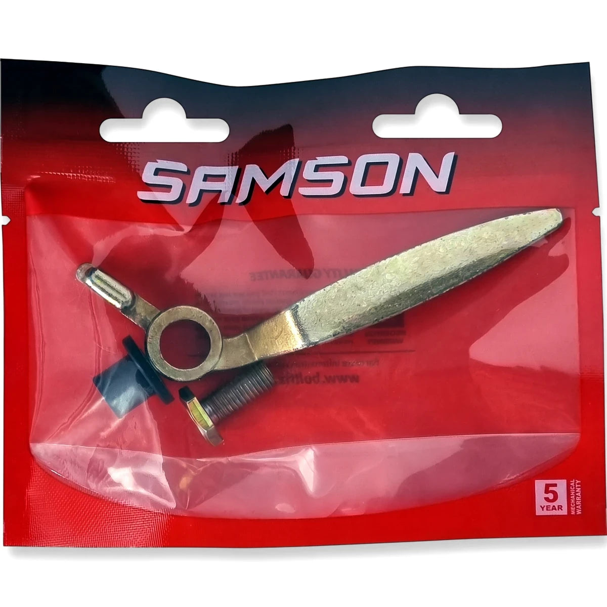 Samson Econo L/H Yzp window handle in red and transparent retail packaging, featuring a metallic finish.