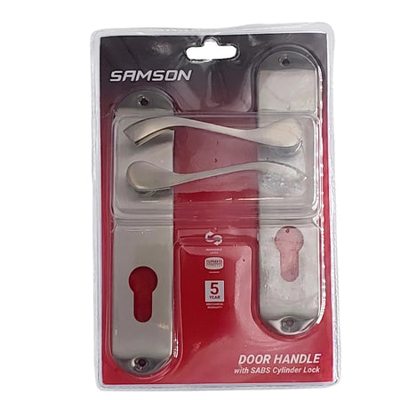 Samson Elena 6-inch satin nickel or brushed nickel door handle lockset with SABS cylinder lock, shown packaged.