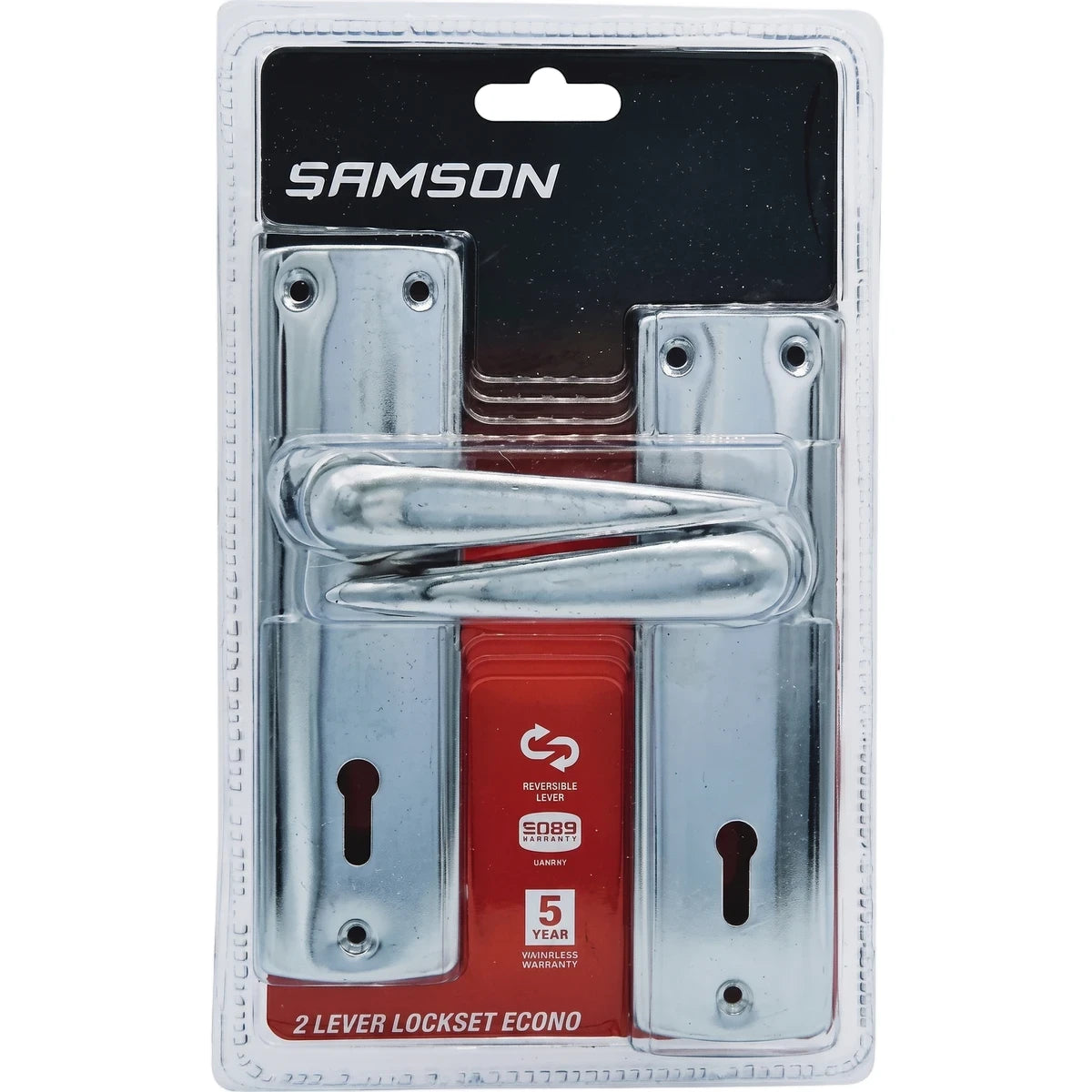 Samson Elzette steel lockset for doors, featuring two silver lever handles and keyholes in clear retail packaging, viewed