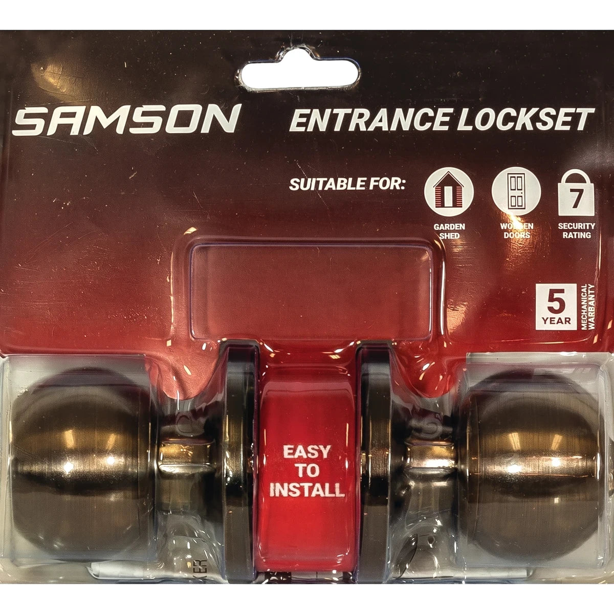 Samson Entrance Ball Knob Lockset with an antique bronze finish, shown in retail blister packaging.