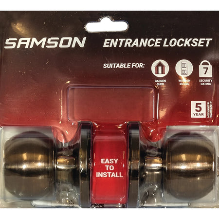 Samson Entrance Ball Knob Lockset with an antique bronze finish, shown in retail blister packaging.