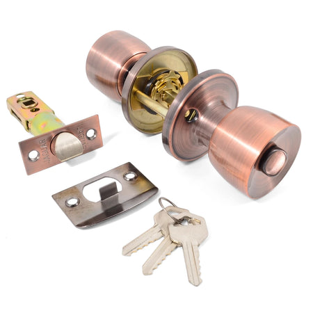 Disassembled Samson entrance ball knob lockset in antique copper finish, showing the two knob halves, latch mechanism,