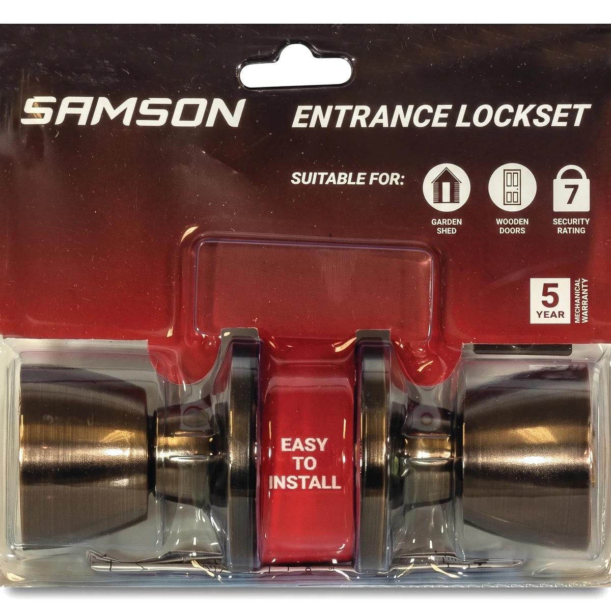 Samson Entrance Lockset featuring a tulip knob design and an antique bronze finish, presented in its clear retail packaging.
