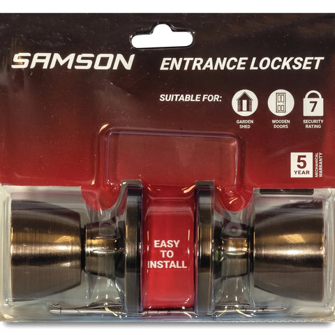 Samson Entrance Lockset featuring a tulip knob design and an antique bronze finish, presented in its clear retail packaging.